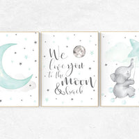 Nursery decor elephant, we love you to the moon and back, Mint nursery decor, nursery decor neutral, nursery decor boy teal, cloud and star