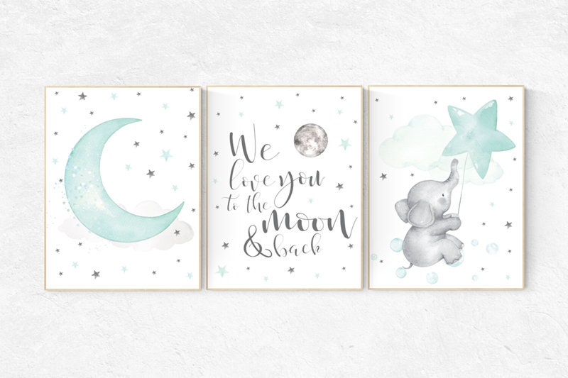 Nursery decor elephant, we love you to the moon and back, Mint nursery decor, nursery decor neutral, nursery decor boy teal, cloud and star