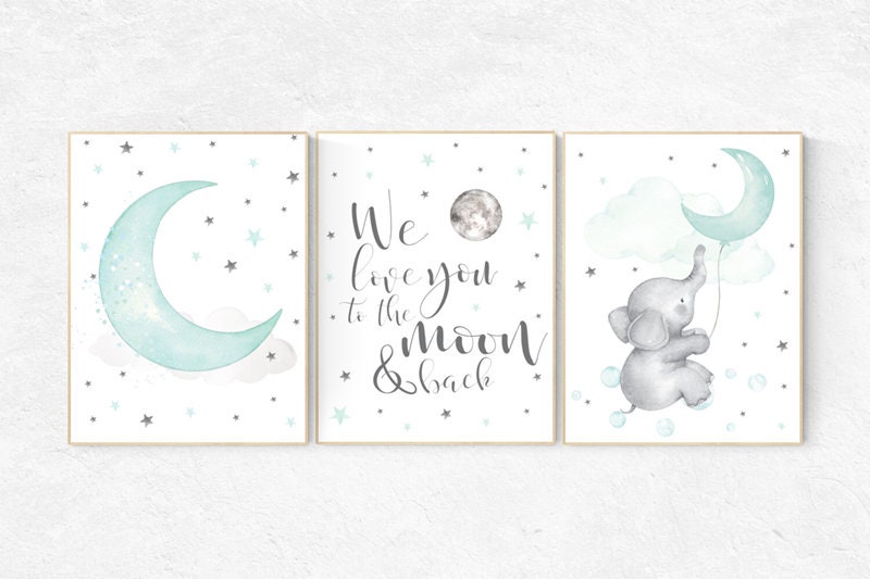 Nursery decor elephant, we love you to the moon and back, Mint nursery decor, nursery decor neutral, nursery wall art, cloud and star, aqua