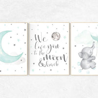 Nursery decor elephant, we love you to the moon and back, Mint nursery decor, nursery decor neutral, nursery wall art, cloud and star, aqua