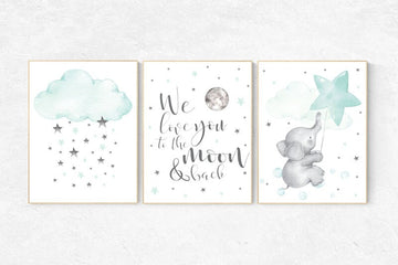 Nursery decor elephant, we love you to the moon and back, Mint nursery decor, nursery decor neutral, nursery decor boy teal, cloud and star