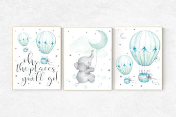 Mint nursery decor, nursery decor elephant, hot air balloon, gender neutral nursery, oh the places you'll go, mint green nursery wall art