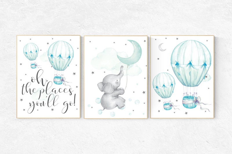 Mint nursery decor, nursery decor elephant, hot air balloon, gender neutral nursery, oh the places you'll go, mint green nursery wall art