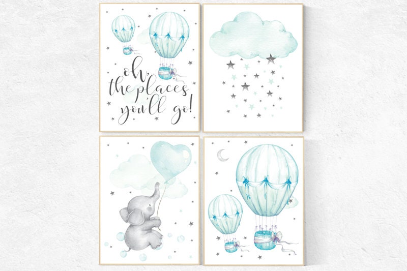 Mint nursery decor, nursery decor elephant, hot air balloon, gender neutral nursery, oh the places you&