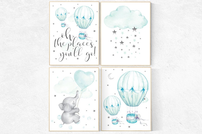 Mint nursery decor, nursery decor elephant, hot air balloon, gender neutral nursery, oh the places you&