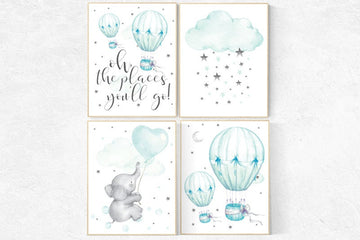 Mint nursery decor, nursery decor elephant, hot air balloon, gender neutral nursery, oh the places you'll go, mint green nursery wall art