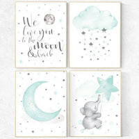 Nursery decor elephant, Mint nursery, gender neutral nursery, we love you to the moon and back, mint green nursery wall art, cloud and star