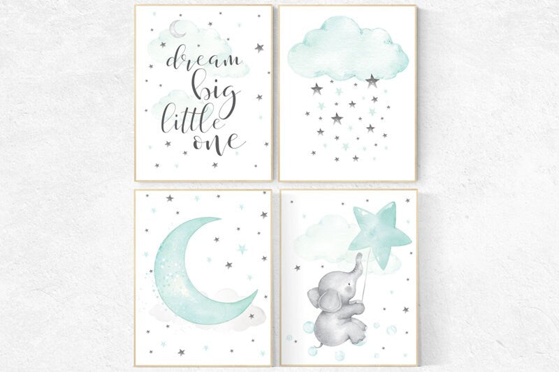 Nursery decor elephant, Mint nursery, gender neutral nursery, dream big little one, mint green nursery wall art, cloud and star, nursery art