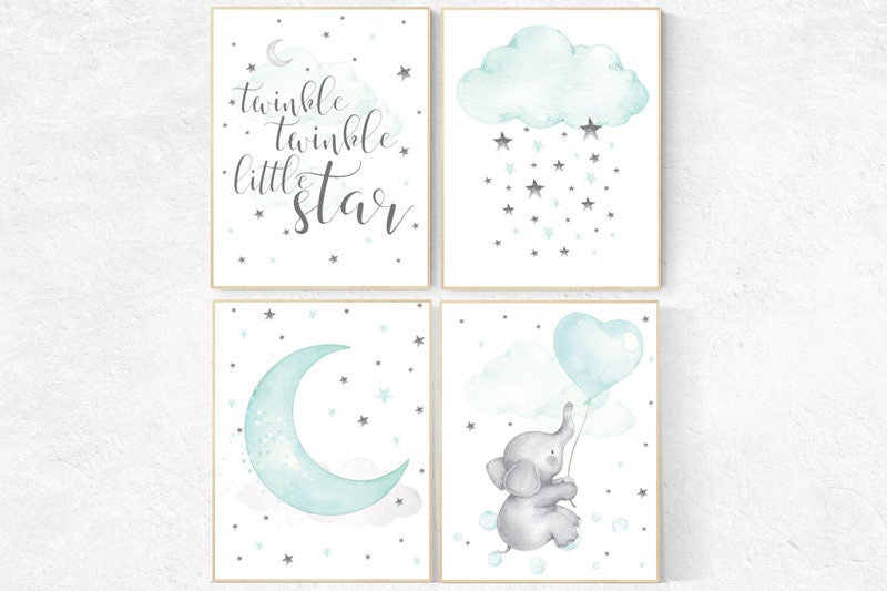 Nursery decor elephant, Mint nursery, gender neutral nursery, twinkle twinkle little star, elephant nursery, cloud and star nursery wall art