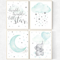 Nursery decor elephant, Mint nursery, gender neutral nursery, twinkle twinkle little star, elephant nursery, cloud and star nursery wall art