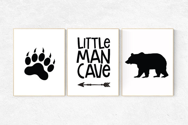 Baby boy Nursery Decor, little man cave, black and white, Bear nursery decor, nursery decor woodland animals, nursery wall art boy, woodland