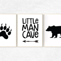 Baby boy Nursery Decor, little man cave, black and white, Bear nursery decor, nursery decor woodland animals, nursery wall art boy, woodland