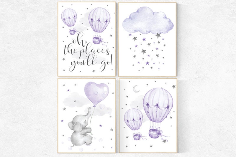 Lilac nursery, elephant nursery, Nursery decor girl purple, Nursery decor girl lavender, hot air balloons, nursery wall art, baby room decor
