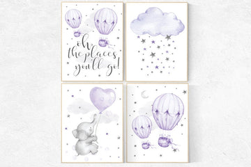 Lilac nursery, elephant nursery, Nursery decor girl purple, Nursery decor girl lavender, hot air balloons, nursery wall art, baby room decor