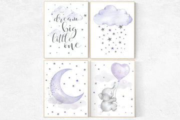 nursery prints elephant, purple nursery wall art, nursery decor lavender, lilac, dream big little one, cloud and stars, baby room decor