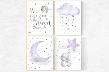 Nursery decor elephant, purple nursery wall art, nursery decor lavender, lilac, to the moon and back, cloud and stars, baby room decor