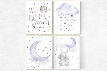 Baby room decor elephant, purple nursery wall art, nursery decor lavender, lilac, to the moon and back, cloud and stars, baby room decor