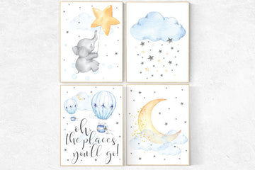 Nursery wall art elephant, nursery decor hot air balloons, oh the places you'll go, Nursery decor neutral, nursery gender neutral, cloud
