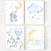 Nursery wall art elephant, hot air balloon, oh the places you'll go, Nursery decor neutral, gender neutral, cloud and stars, baby room decor