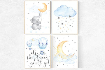 Nursery wall art elephant, hot air balloon, oh the places you'll go, Nursery decor neutral, gender neutral, cloud and stars, baby room decor