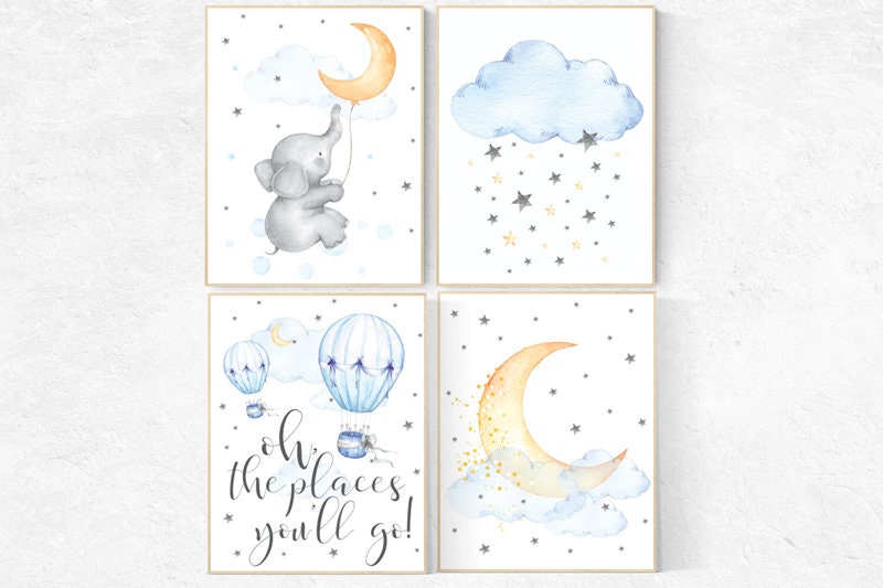 Nursery wall art elephant, hot air balloon, oh the places you'll go, Nursery decor neutral, gender neutral, cloud and stars, baby room decor