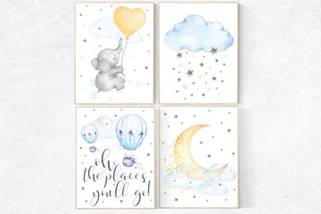 Nursery decor elephant, hot air balloon, oh the places you'll go, elephant balloon, gender neutral, nursery wall art, baby room decor prints