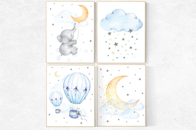 Baby room decor elephant, nursery decor hot air balloons, cloud nursery decor, Nursery wall art neutral, moon and stars, gender neutral