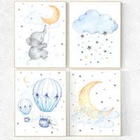 Baby room decor elephant, nursery decor hot air balloons, cloud nursery decor, Nursery wall art neutral, moon and stars, gender neutral