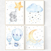 Nursery wall art elephant, nursery decor hot air balloons, cloud nursery decor, Nursery decor neutral, moon and stars nursery gender neutral