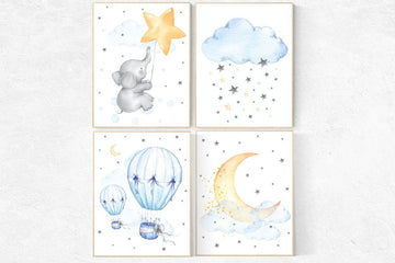 Nursery wall art elephant, nursery decor hot air balloons, cloud nursery decor, Nursery decor neutral, moon and stars nursery gender neutral