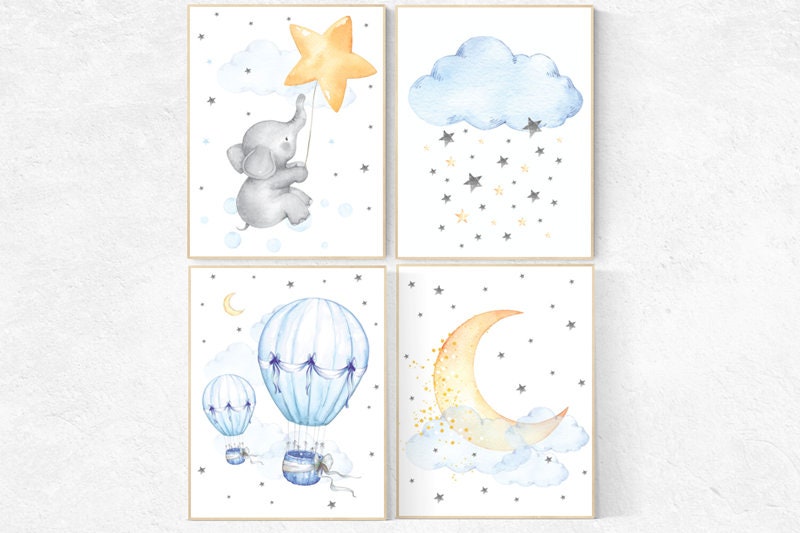 Nursery wall art elephant, nursery decor hot air balloons, cloud nursery decor, Nursery decor neutral, moon and stars nursery gender neutral