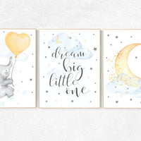 Nursery wall art elephant, dream big little one, cloud nursery decor, Nursery decor neutral moon and stars nursery moon , gender neutral
