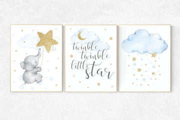 Nursery decor boy elephant, blue and gold nursery, twinkle twinkle little star, blue nursery wall art, cloud and stars, baby room decor