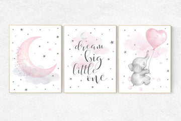 Nursery wall art girl elephant, pink and gray, nursery decor girl pink, dream big little one, cloud, stars, nursery prints, baby room decor