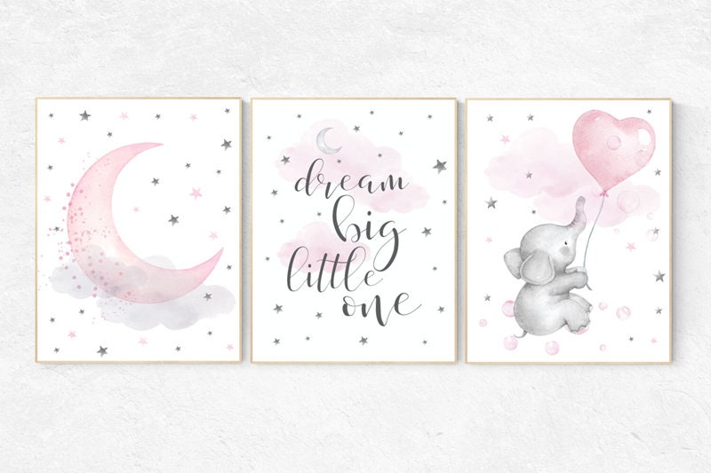 Nursery wall art girl elephant, pink and gray, nursery decor girl pink, dream big little one, cloud, stars, nursery prints, baby room decor