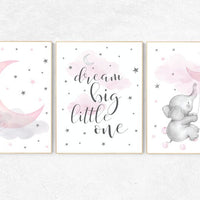 Nursery wall art girl elephant, pink nursery decor girl, dream big little one, nursery prints, pink grey, pink gray, girl nursery ideas