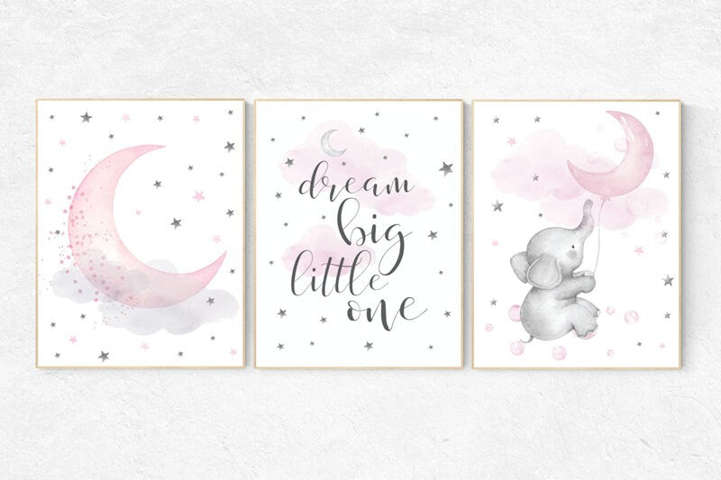 Nursery wall art girl elephant, pink nursery decor girl, dream big little one, nursery prints, pink grey, pink gray, girl nursery ideas