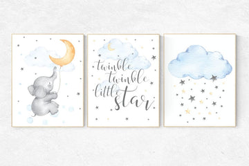 Nursery wall art elephant, nursery decor neutral, twinkle twinkle little star, cloud and stars, baby room art moon and stars, gender neutral