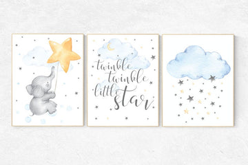Elephant nursery art, Gender neutral nursery, Twinkle twinkle little star, nursery decor neutral, cloud and stars, baby room decor, moon