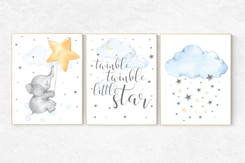 Elephant nursery art, Gender neutral nursery, Twinkle twinkle little star, nursery decor neutral, cloud and stars, baby room decor, moon