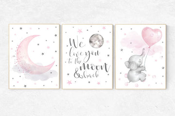 Elephant nursery wall art, Nursery decor girl, nursery decor girl pink, pink nursery, we love you to the moon and back, cloud and stars