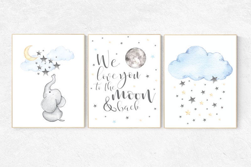 Nursery wall art elephant, neutral nursery, Gender neutral nursery, we love you to the moon and back, nursery prints, baby room decor, cloud