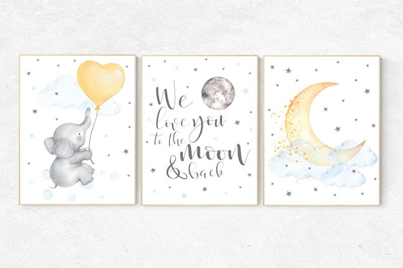 Nursery wall art elephant, nursery decor neutral, moon and back, cloud and stars, moon nursery decor, gender neutral, baby room decor