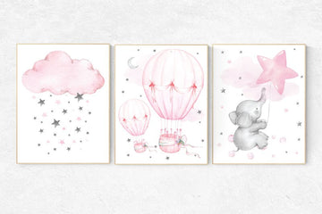 Nursery wall art girl elephant, nursery decor girl pink, hot air balloon, nursery prints, baby room decor, nursery room prints, baby girl
