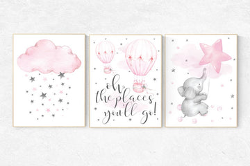 Nursery prints girl, nursery decor girl elephant, hot air balloon, cloud and stars, oh the places you'll go, moon nursery, baby room decor