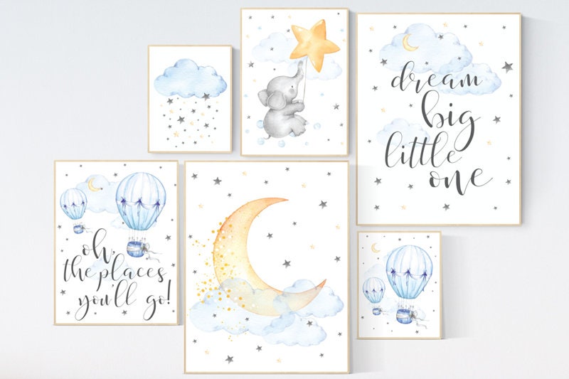Nursery decor elephant, blue and yellow, gender neutral, dream big little one, nursery wall art neutral, hot air balloon, cloud and stars