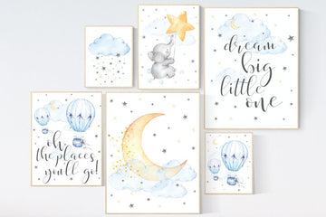 Nursery decor elephant, blue and yellow, gender neutral, dream big little one, nursery wall art neutral, hot air balloon, cloud and stars
