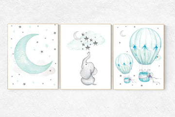 Nursery decor elephant, Mint nursery decor, hot air balloon, gender neutral nursery, nursery decor turquoise, mint green nursery wall art