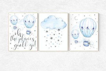 Nursery decor boy hot air balloon, oh the places you'll go, hot air balloon nursery, blue and gray nursery, cloud and stars, boys room