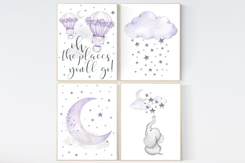 Nursery decor girl purple, nursery decor elephant, Nursery decor girl lavender and gray, oh the places you&